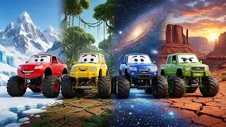 Monster Truck Adventures Snow, Jungle, Moon, and Canyon!   Fun Kids Song & Animation