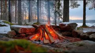 Snowy Campfire Ambience ❄️🔥 Real Crackling Flames for Calm Mind, Sleep & Focus