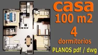 Casa de 100 m2. Plano de vivienda con 4 dormitorios,  2 ba&ntilde;os, sala, comedor, cocina y lavander&iacute;a