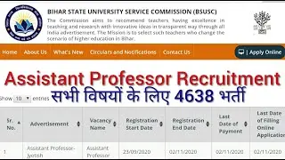 Assistant Professor Recruitment In Bihar State University Service Commission 2020| BSUSC Assistant