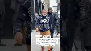 Arnold Schwarzenegger, with a big smile, on a snowy day in New York today. #newyork #nyc