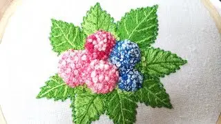 Hand embroidery of hydrangea flowers and leaves