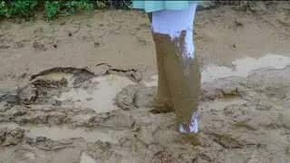 The girl is wearing Lolita shoes covered in yogurt and sticky mud.
