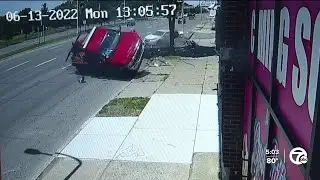 Caught on video: Wrong-way truck plows into building on Woodward after hitting car
