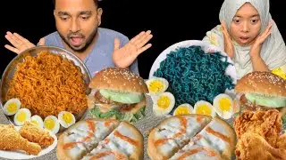 ASMR MUKBANG🌶️Spice Blu and Red Colour Noodles,Chicken Fry,Big Burgur,Egg,Mini Pizza,Big Chilli ASMR