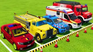 POLICE CARS, AMBULANCE EMERGENCY VEHICLES, FIRE DEPARTMENT TRANSPORTING WITH TRUCKS ! FS22