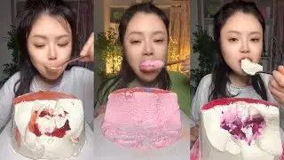 asmr mukbang - whole pink color creamy cake eating