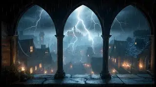 4k Rainy Medieval Castle Window View || Castle Window Projector