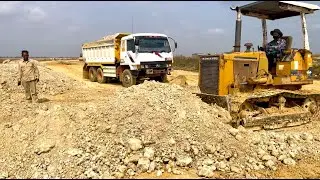 Dump Truck Unloading Land Soil With Dozer KOMATSU Pushing Land to Water