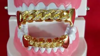 Best Grillz Micro Pave CZ Half Cuban Gold Plated Fang Set