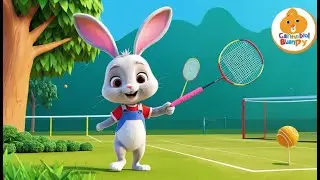 Маленький кролик играет в бадминтон