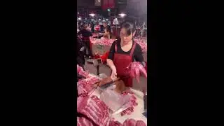 POV Female Butcher Cutting Pork &mdash; Real-Time Chinese Meat Market Skills