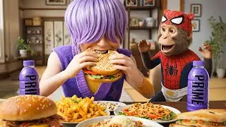 Saja Mystery Visits Monkey Yum! Cheeseburger, fries & DIY Party🍔🥪ASMR MUKBANG