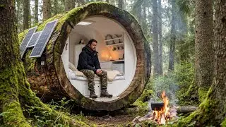 Building a forest house (ASMR) A man single handedly creates a tiny home inside a hollow tree trunk