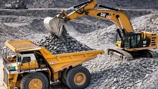 Caterpillar Excavator Loading BelAZ Dump Trucks | Heavy Mining Equipment in Action