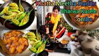 खट्टा मीठा कद्दू और मसालेदार भरवां करेला | Sweet & Spicy Curry Combo | The Comfort Food