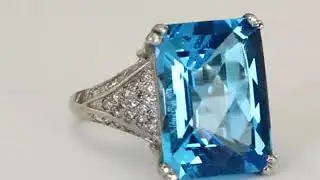 Blue Topaz Ring In 14k White Gold With Ornate Gallery And Pave Diamond Accents