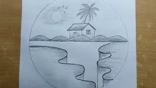 A village house with tree scenery drawing in circle| Pencil sketch scenery drawing 