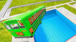 BeamNG Drive Realistic Bus Crash – School Bus Down In Swimming Pools Full Simulation