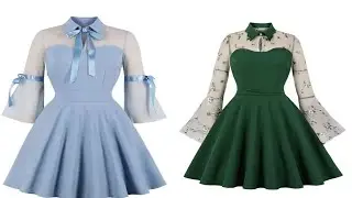 Wellwits Women's Keyhole Mesh Bell Long Sleeves Cocktail Vintage Dress | *try-on princess dresses*