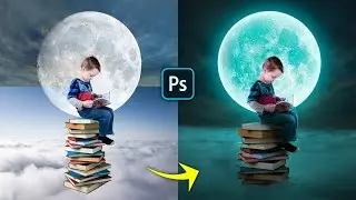 Photoshop manipulation- Boy reading  book above the clouds