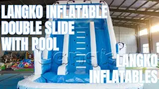 PVC easy to clean blue inflatable double lane water slide with pool