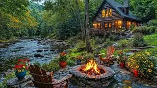 Relax Evening Spring Vibes: Riverside Cabin with Crackling Campfire and Peaceful Nature Sounds