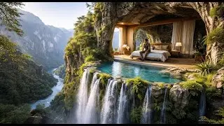 Building a treehouse on a high cliff above a waterfall.