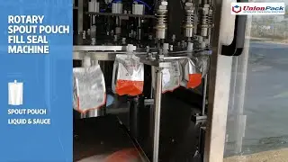 Rotary spout pouch fill seal packaging machine for liquid and sauce