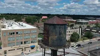 Flying over Detroit. Water tower. Drone friend