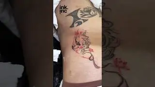 Abstract Lotus Script Tattoo | Fine Line Red & Black Ink Design #abstract #tattoo