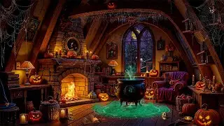 Spooky Witch's Cottage Halloween Ambience 🎃🦇 Spooky Halloween Jazz 2025, Crackling Fireplace & Rain