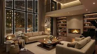 Peaceful Snowy Night ❄️ Relaxing Piano Jazz in Cozy Apartment with Fireplace Sounds for Sleep