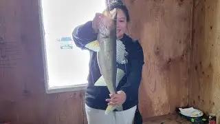 Ice fishing Lake Of The Woods Minnesota out of Adrians Resort.  Sokis Walleye PB at 24.5