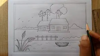 Landscape Scenery drawing easy| Village scenery drawing| Easy scenery drawing| Pencil drawing easy 