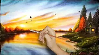 Beautiful Sunset Landscape Painting | Easy Acrylic Painting for Beginners | Relaxing Art