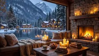 Tranquil Winter Coffee Shop with Lakeview ❄️ Gentle Jazz Piano & Fireplace Sounds for Study & Work