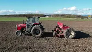 MF 362 sowing spring barley with MF 30 seeder, PLUS BONUS DRONE CRASH