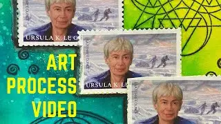 Art Process: Mixed Media Card with Dylusions Ink Sprays and Ursula K Le Guin Postage Stamps