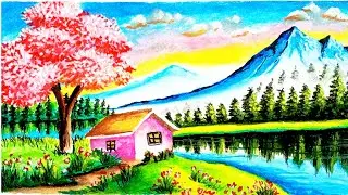 oil pastel drawing/easy scenery drawing /cherry blossoms tree drawing/lake reflection drawing