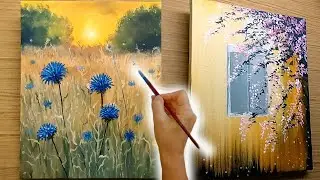 2 Landscapes with delicate flowers - Time lapse - Acrylic Painting