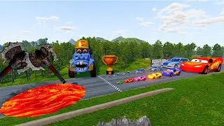 Big & Small Fire Truck Moto Monster & McQueen Moto Monster VS Train | BeamNG.Drive