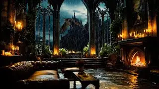 Night Ambience: Rain & Thunder in a Castle Living Room with Dragon Flying | Sleep Immediately