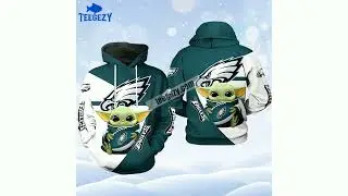 Baby Yoda Star Wars Philadelphia Eagles Youth 3D Hoodie White Blue