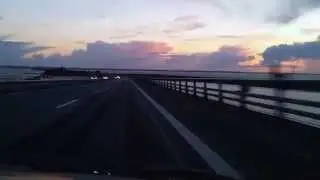 Driving on The Great Belt in Denmark,amazing sunset