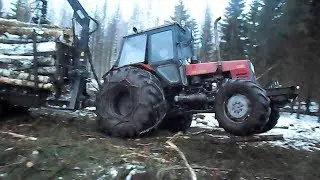 Belarus 1025 forestry tractor with homemade trailer logging in winter forest