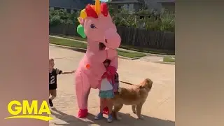 Mom surprises daughter at bus stop dressed as unicorn l GMA Digital