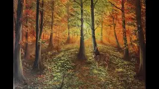 Sunlight in woods oil painting - Landscape with Deer by Goutami Mishra