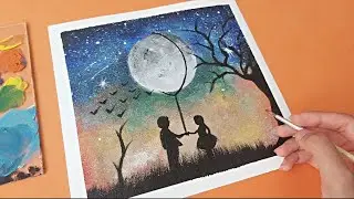 boy &  girl standing under the moon | acrylic painting for beginners