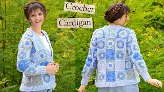 Как сделать жакет крючком с бабушкиными квадратами🧶 Легкий кардиган Учебник по жилету